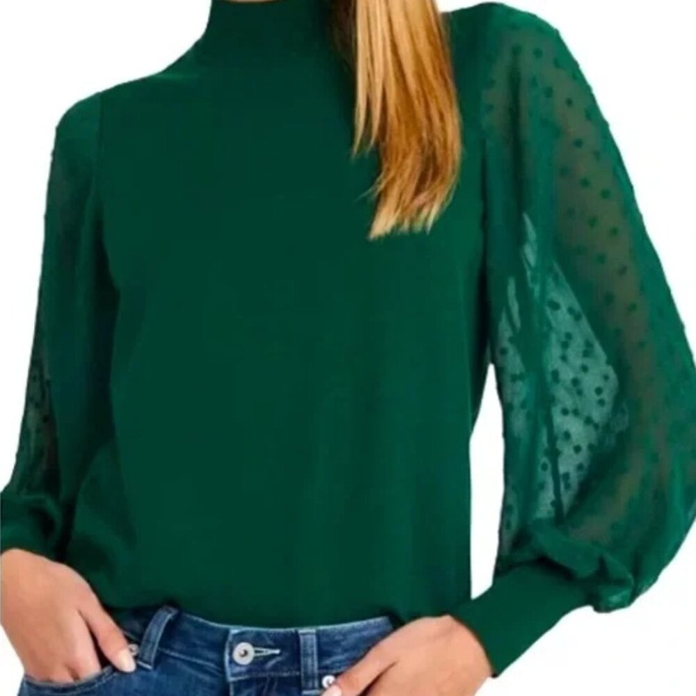 CeCe Forest Green Mock Neck Sweater with Sheer Balloon Sleeves